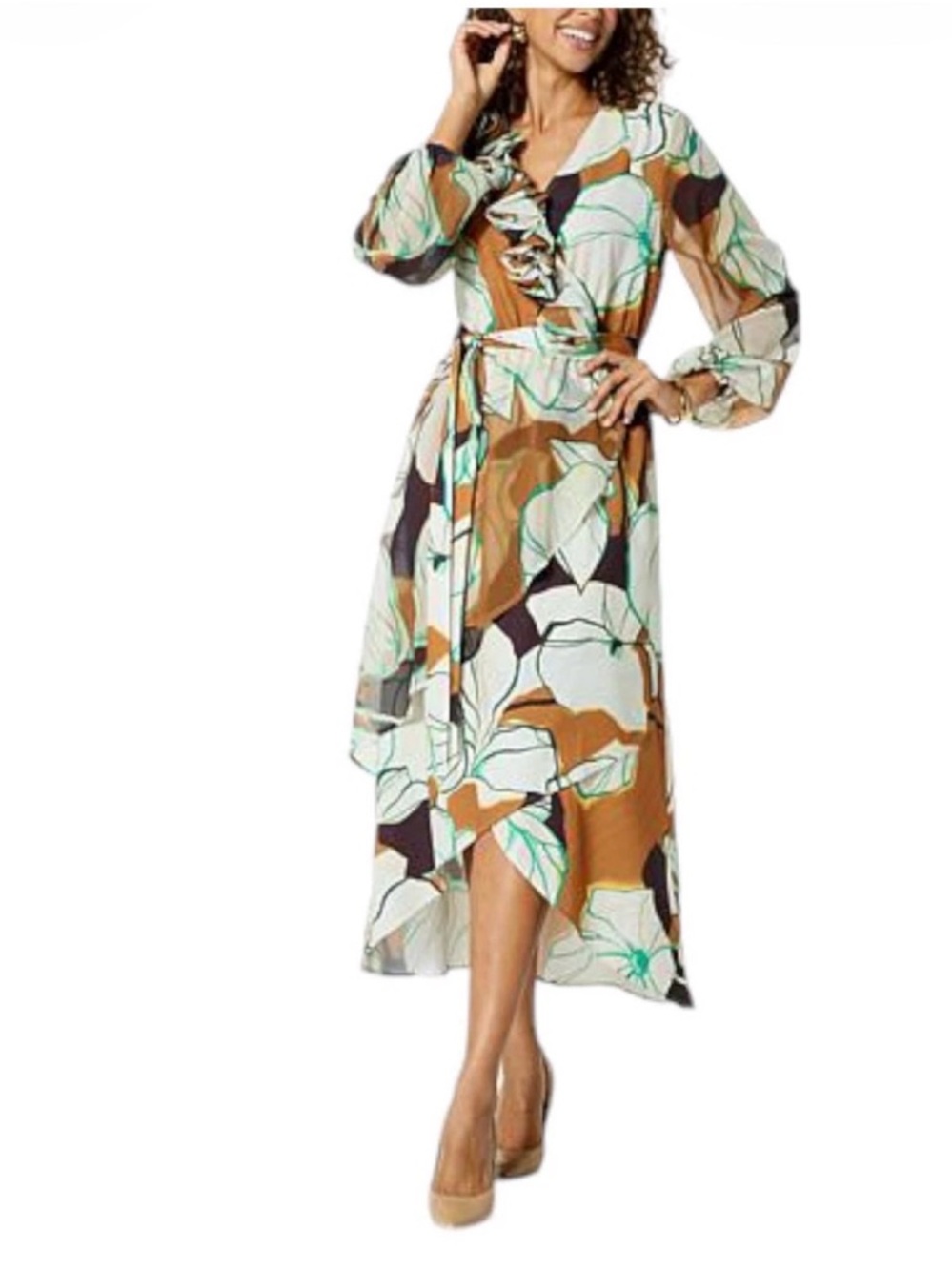 C Wonder by Christian Siriano Womens Floral Midi Dress in Pumpkin Spice size M
